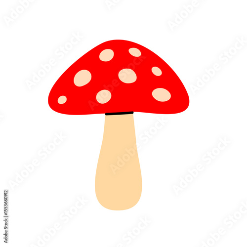 Red toadstool mushroom with white spots and thick stem