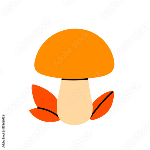 Orange forest mushroom with small red leaves near the base