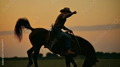 Rider performs daring rodeo stunt at sunset in a thrilling equestrian display