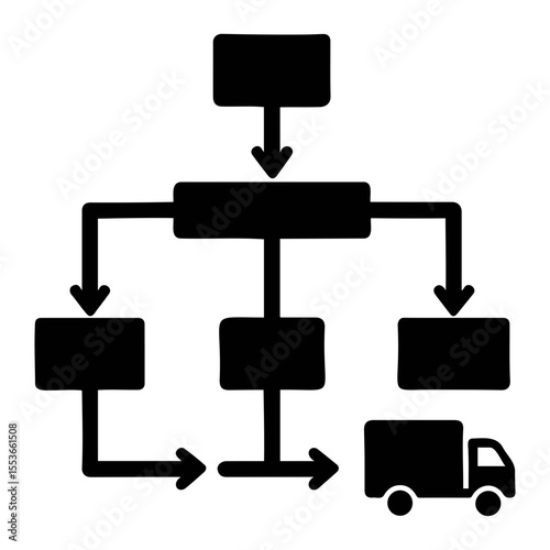 Black diagram of a supply chain showing a series of connected boxes leading to a truck icon on transparent background