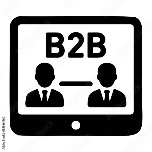 Business to business transaction displayed on a tablet screen with two businessmen icons on transparent background