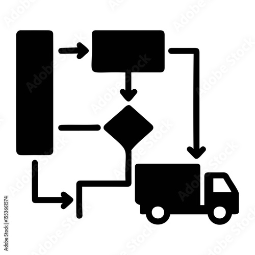 Flowchart depicting a process involving a truck with arrows and geometric shapes in black on transparent background