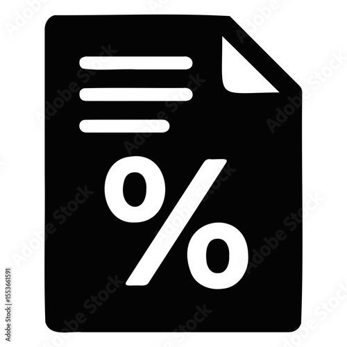 Illustration of a black document with a percentage sign and lines on the document face on transparent background
