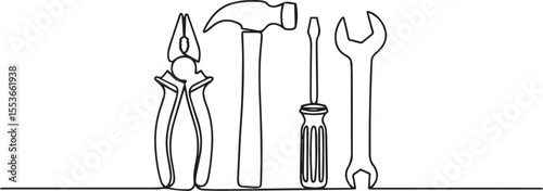 continuous single line drawing of hand tools including pliers, hammer, screwdriver, and wrench in black and white"