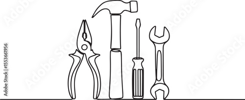 continuous single line drawing of hand tools including pliers, hammer, screwdriver, and wrench in black and white"