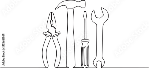 continuous single line drawing of hand tools including pliers, hammer, screwdriver, and wrench in black and white"