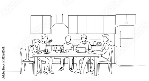 Family gathering at kitchen table engaged in activities together  