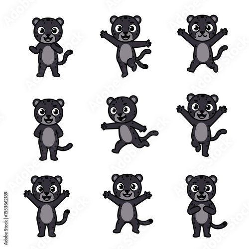Cute cub tiger, cartoon animal cub character, kawaii mascot roar, think, playing, smile and waving paws. Wild funny kitten with orange striped skin, jungle cat isolated on white background vector set