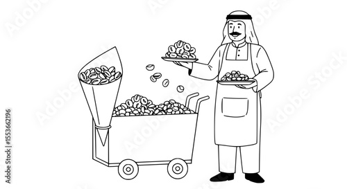 Man in traditional attire serving snacks from cart in minimalistic design  