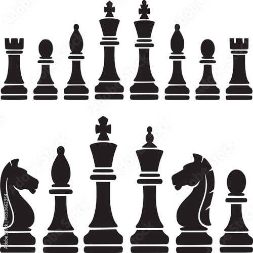 Chess pieces black and white vector illustration for strategy game design and board game artwork set silhouette