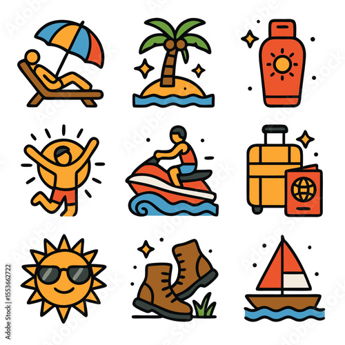 Illustration of nine summer vacation icons; suitable for travel brochures, websites, and social media posts related to holidays and sunny destinations.