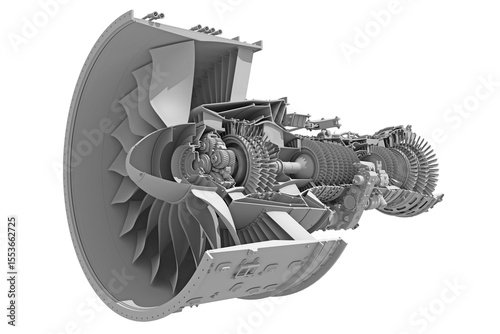 Cutaway Turbofan Aircraft Engine Sectioned in Clay Style Render on White Background 3D Rendering