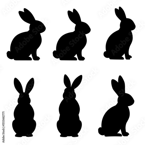 Black rabbit silhouette. Sitting bunny, cute jumping rabbits and contour animals vector set. Adorable pet in different poses, actively moving in front, back and side view isolated on white