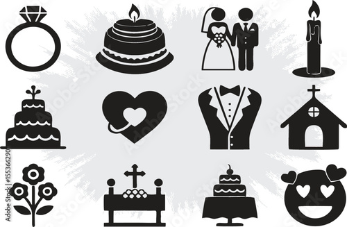 Editable Christmas and Wedding icons set. Cake, couple, heart, care, flower, candle, diamond ring, bridegroom suit. EPS 10.
