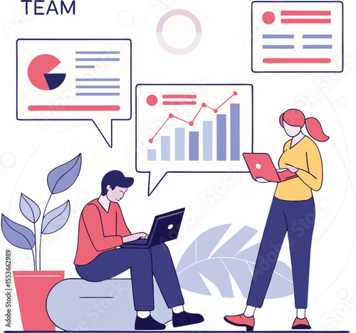 Dynamic Teamwork Illustration Portraying Data Analysis Collaboration and Technological Proficiency in a Modern Business Setting