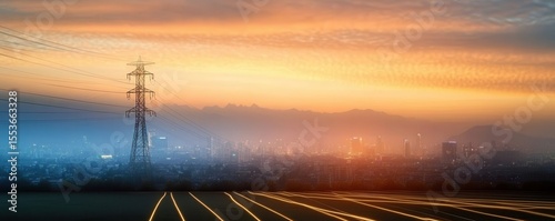 Smart grid-connected high power electricity poles enhancing urban energy distribution at sunset