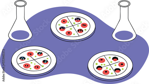 Cartoon petri dishes containing mini pizza samples with different toppings, arranged in lab-style plates