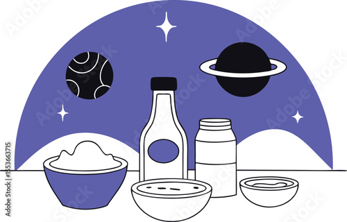 Foods like mayo, aioli, vinaigrette shown as cartoon planets orbiting around oil-water molecules like stars 