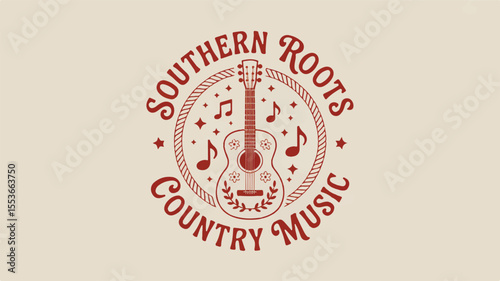 Vintage red text logo on cream background with a decorative acoustic guitar, floral and musical notes, framed by a rope border, featuring “Southern Roots” and “Country Music” in script fonts 