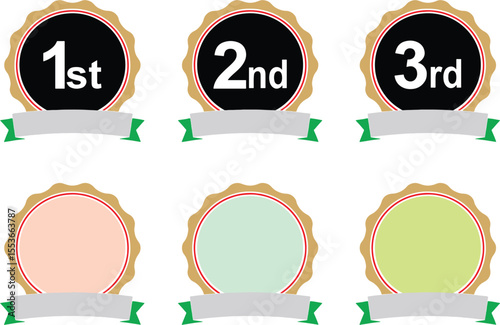 Position 1st, 2nd, third award labels stock illustration. Winner badge guarantee winning prize ribbon. Medals, awards, ribbons for first, second, third place with round edges. Vector, EPS 10
