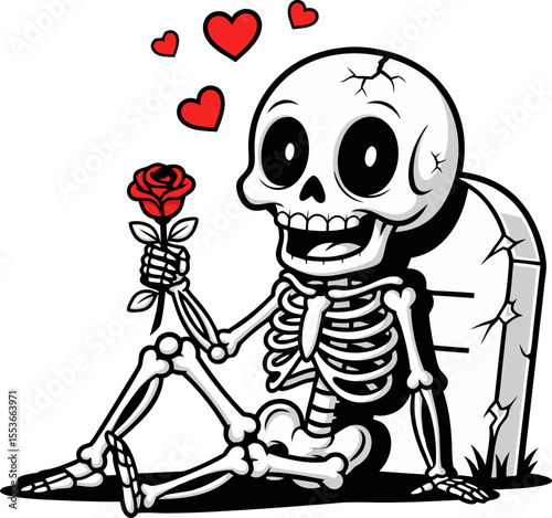 Skeleton Holding Rose Beside Gravent