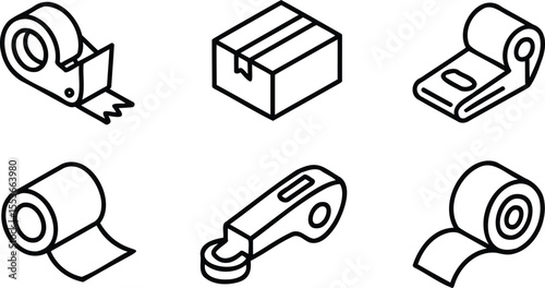 Vector Icon Set for Packaging and Tape, Includes Box, Tape, and Dispenser Symbols