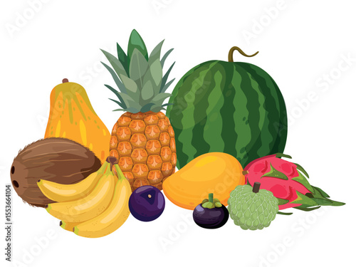 Big pile of tropical fruits. Pineapple, watermelon, bananas, coconut, annona, mango, papaya, pitaya, passionfruit. Cartoon vector illustration