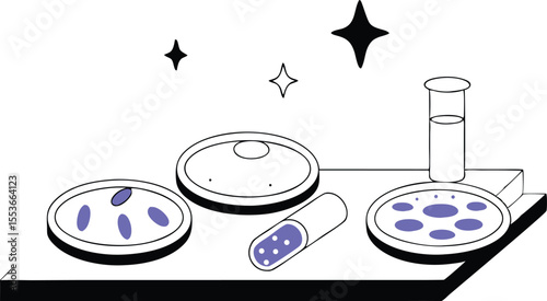 Petri dishes growing edible microbes like kombucha SCOBYs, kefir grains, yeast with cartoon sparkle reactions 