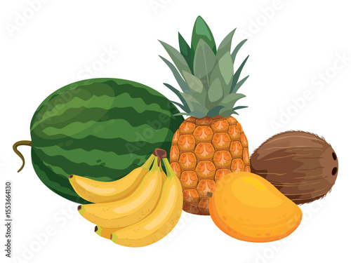 pile of tropical fruits. Pineapple, watermelon, bananas, coconut,  mango. Cartoon vector illustration