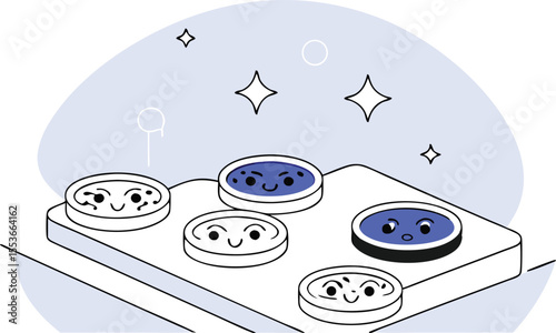 Petri dishes growing edible microbes like kombucha SCOBYs, kefir grains, yeast with cartoon sparkle reactions