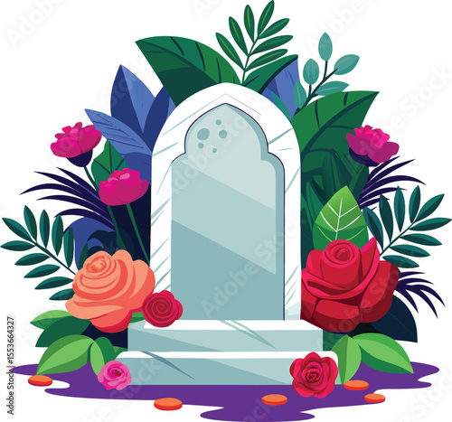Floral Adorned Tombstone Illustration for Day of the Dead Celebration