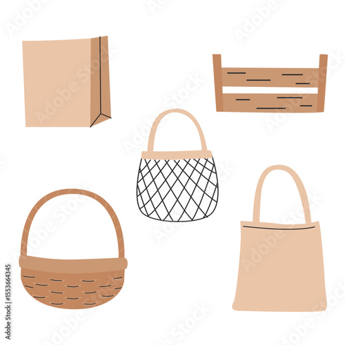 Set of fabric, mesh, wooden box, basket, and wicker eco bag isolated on white background. Vector flat cartoon illustration