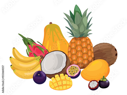 Big pile of tropical fruits. Pineapple, bananas, coconut, mango, papaya, pitaya, passionfruit. Cartoon vector illustration
