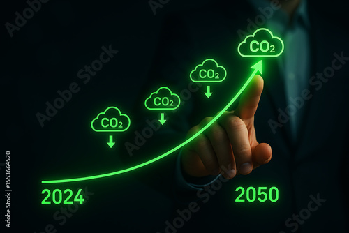 Human finger points to a rising graph of co2 emissions from 2024 to 2050