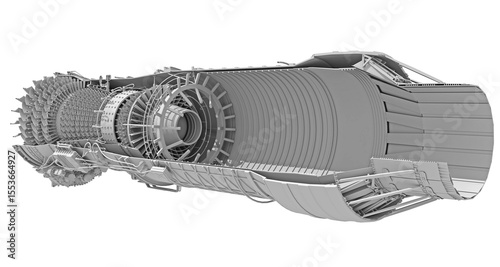 Cutaway Turbofan Aircraft Engine Sectioned in Clay Style Render on White Background 3D Rendering