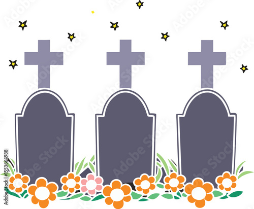 Whimsical Graveyard Illustration with Flowers and Stars for Halloween or Day of Dead