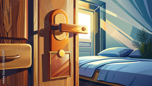 modern door handle with blank tag, leading to softly lit bedroom, evokes sense of tranquility and comfort
