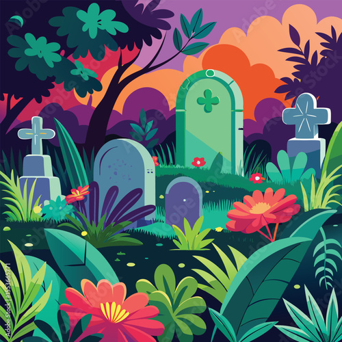 Colorful Cemetery Illustration with Tombstones Flowers and Lush Vegetation