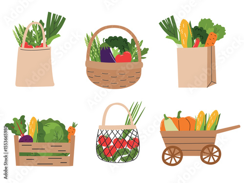 Shopping bags, basket and box with grocery. Vector cartoon illustration. Delivery products from market in reusable eco package