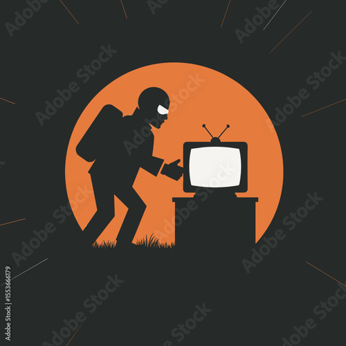 Thief silhouette reaching for a vintage television at night  