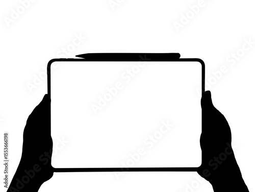 Hands holding tablet device mockup with stylus vector illustration design art