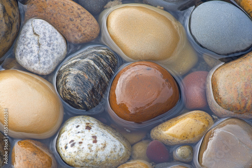 Smooth, colorful river rocks glisten peacefully under clear, shallow water, revealing their intricate natural patterns and unique earthy tones.
