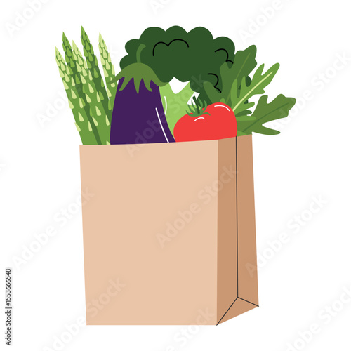 Paper bag with inscription eco bag full of vegetables. right eco-friendly shopping. Pollution problem concept. Cartoon vector illustration