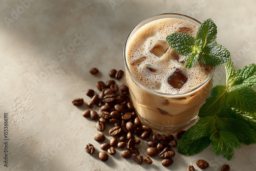 flat lay of iced coffee with ice cubes and mint leaves in a glass next to scattered coffee beans on a neutral background perfect for refreshing summer drink cafe or caffeine content visuals