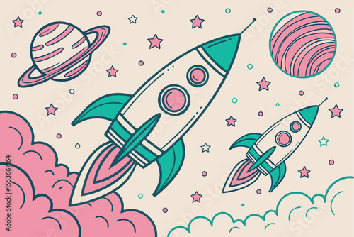 rocket vector pattern, pink and turquoise color scheme, fun and whimsical background