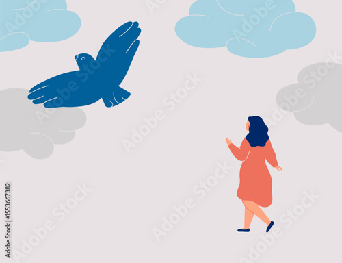 girl striving for personal growth or freedom. Flying bird as a symbol of Dreams and hopes for young woman. ambition, independence, female rights concept, vector illustration
