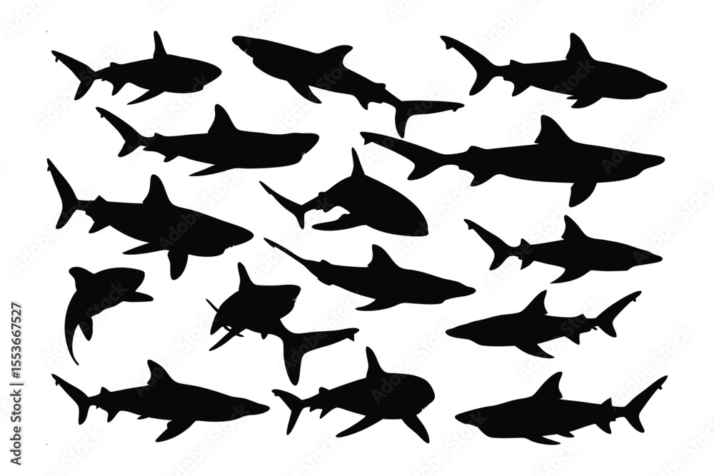 Fototapeta premium Shadow Sharks' Symphony: An artistic arrangement of dark shark silhouettes, each a testament to the sea's mysteries. It is an illustration of the aquatic giants.
