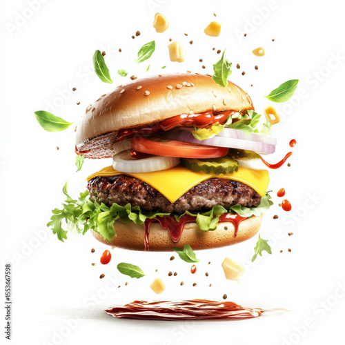Delicious burger with fresh ingredients floats on a white background