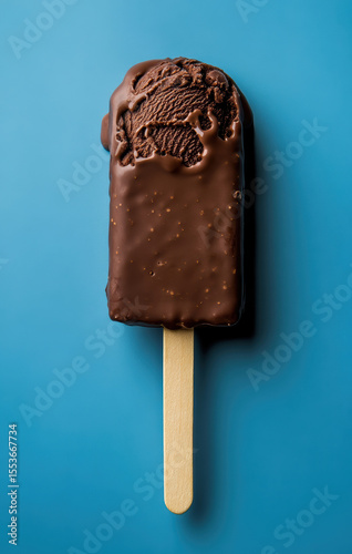 Melting chocolate ice cream bar on a blue background creating a summer treat concept