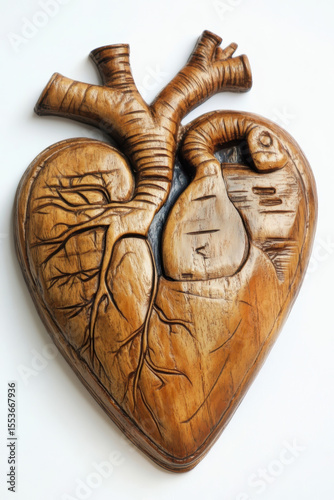 Carved wooden anatomical heart, a detailed handmade craft showing veins and arteries, on white